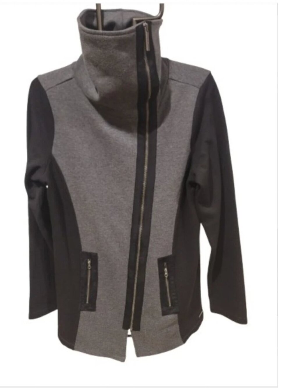 Nicole Miller Active Moto Jacket L Gray Black Asymmetrical Zip Athleisure